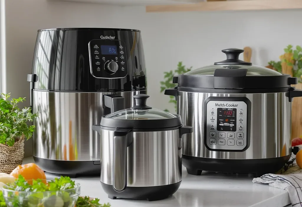 Modern air fryer and multi-cooker on kitchen counter demonstrating energy-efficient cooking methods
