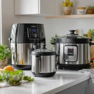Modern air fryer and multi-cooker on kitchen counter demonstrating energy-efficient cooking methods