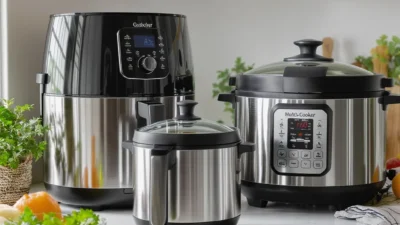 Modern air fryer and multi-cooker on kitchen counter demonstrating energy-efficient cooking methods