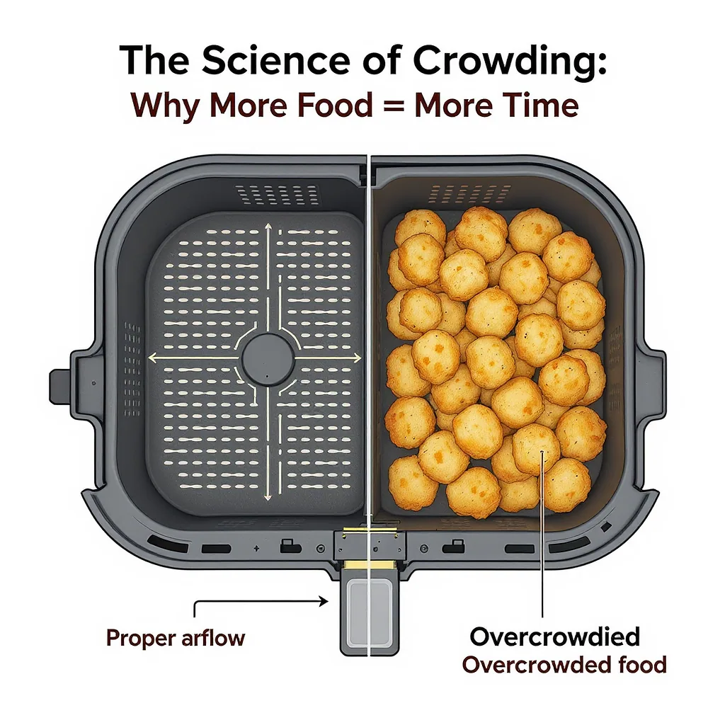 Diagram Comparing Air Fryer Airflow With Spaced Food Versus Overcrowded