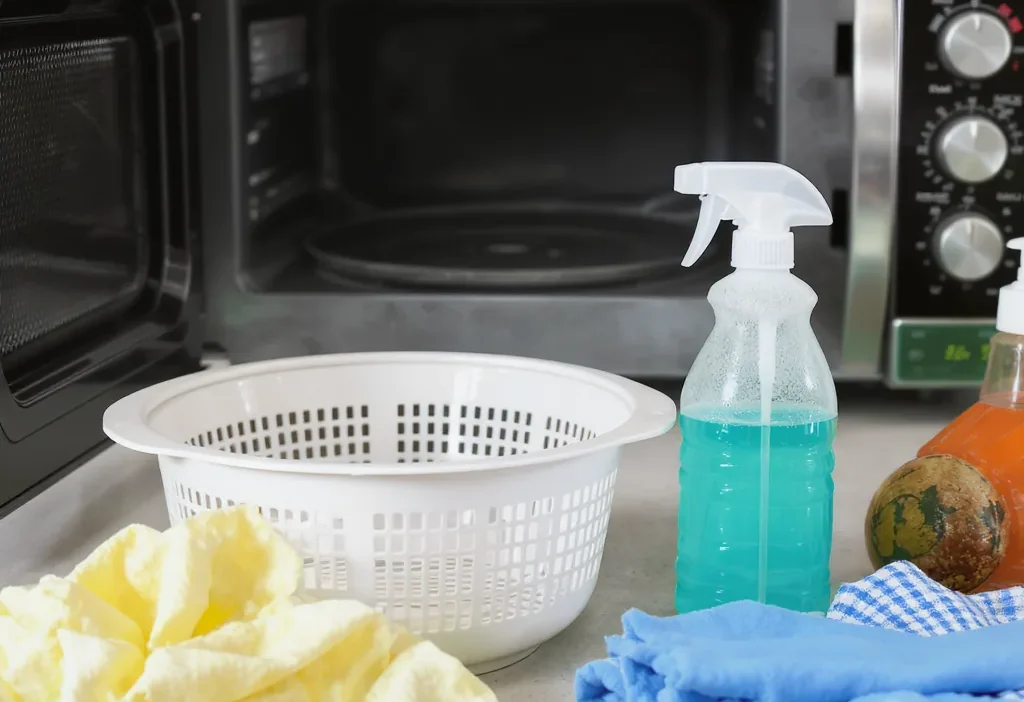 Cleaning an air fryer basket, microwave interior, and oven racks with baking soda and vinegar.