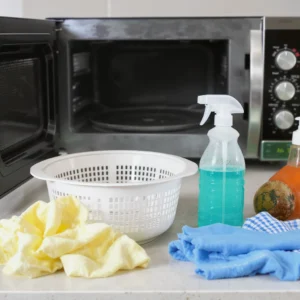 Cleaning an air fryer basket, microwave interior, and oven racks with baking soda and vinegar.