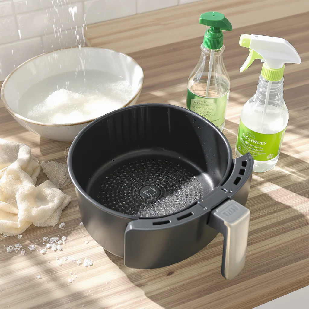 Clean Air Fryer Basket Next To A Bowl Of Soapy