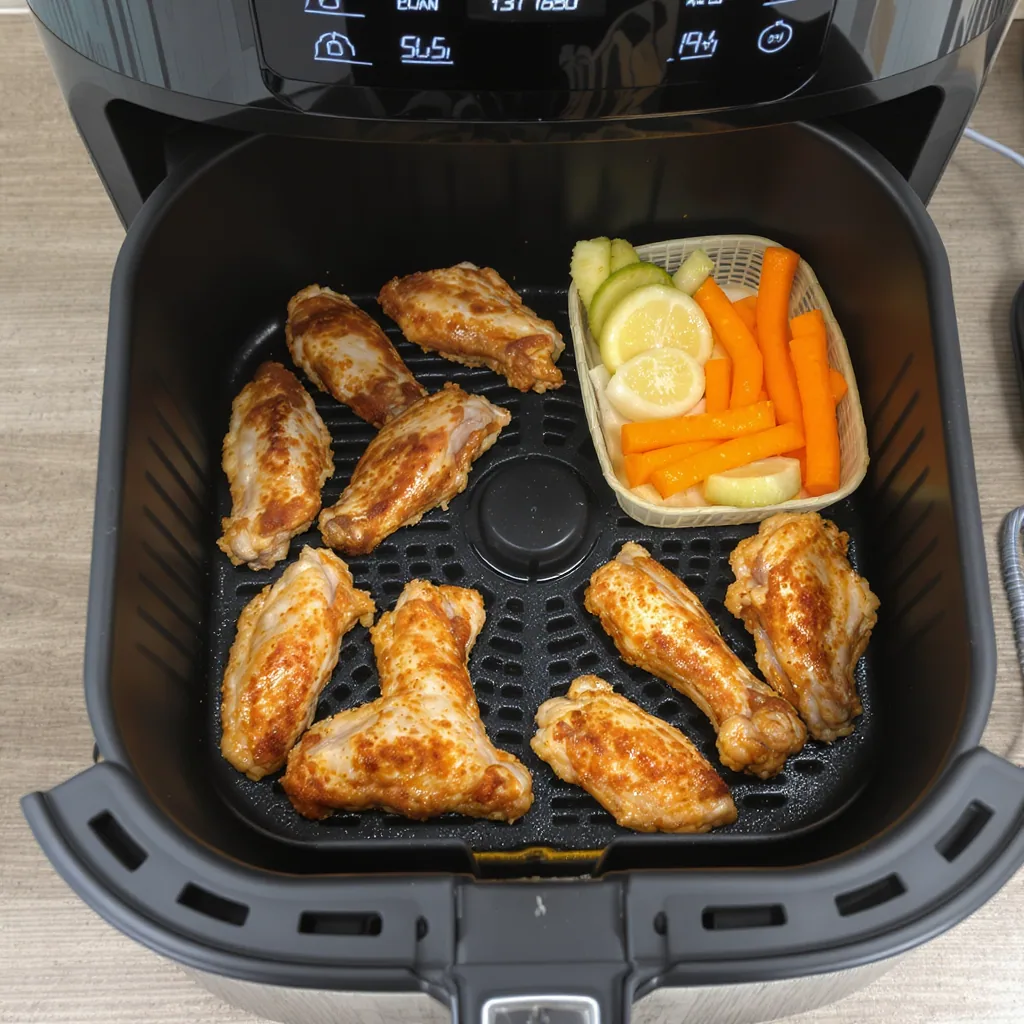 Air Fryer Basket With Chicken Wings And Vegetables