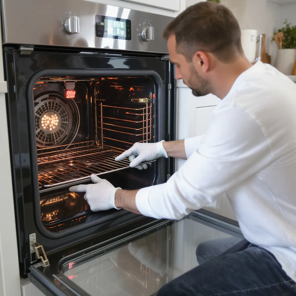Person Inspecting Interior Of Home Oven Pointing At Heating Element