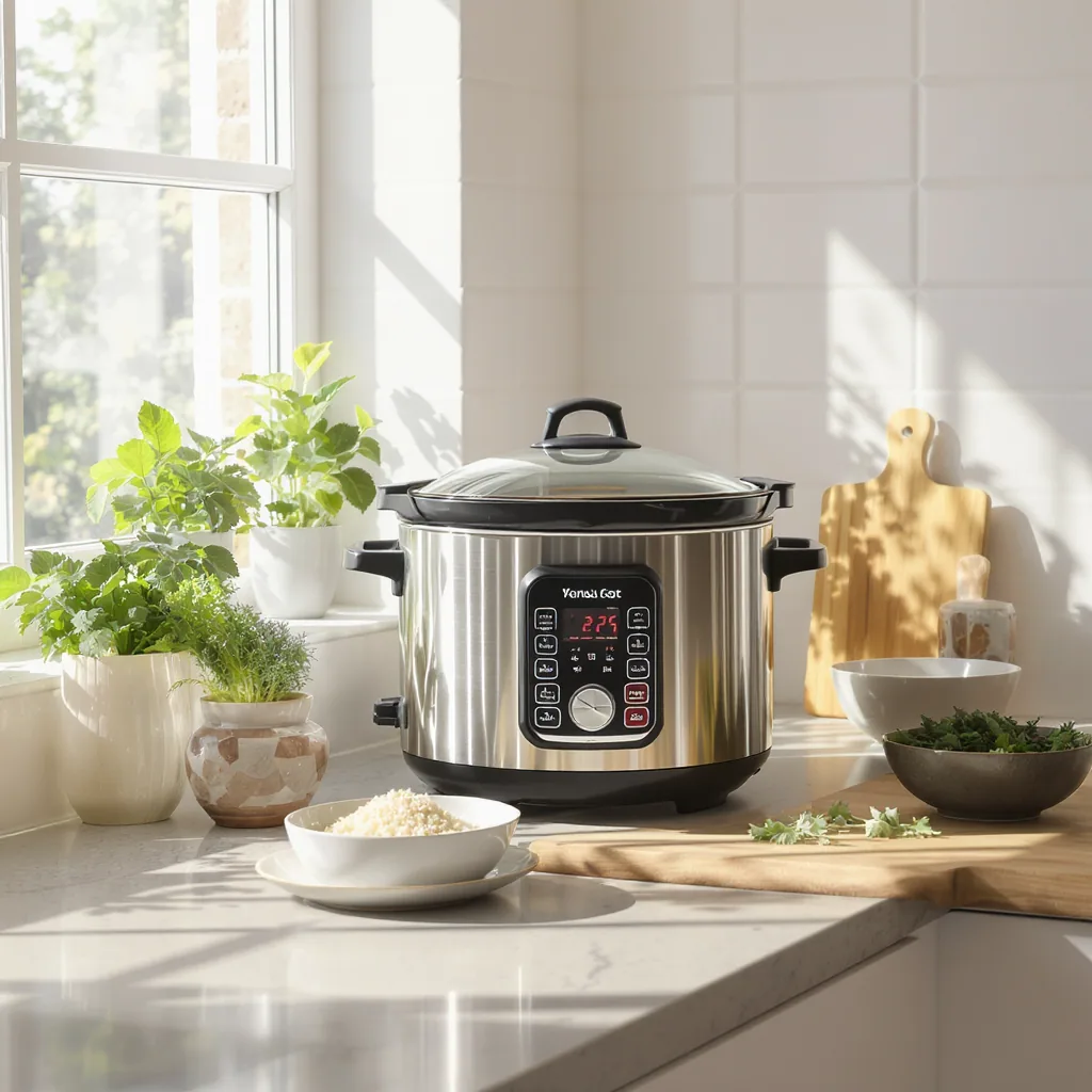 Minimalist Kitchen Counter With A Multi-cooker Pot And Bowls Of
