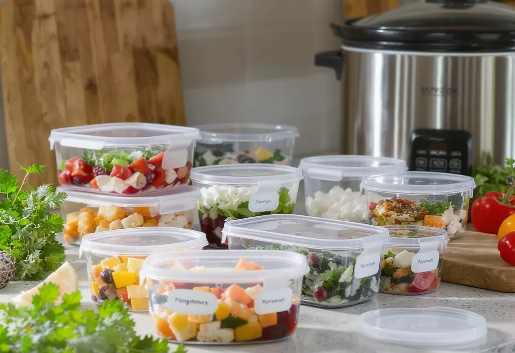 A comparison of fresh meal prep containers versus frozen batch cooking portions on a kitchen counter.