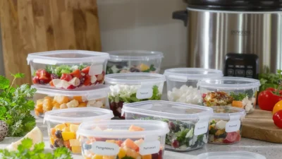 A comparison of fresh meal prep containers versus frozen batch cooking portions on a kitchen counter.