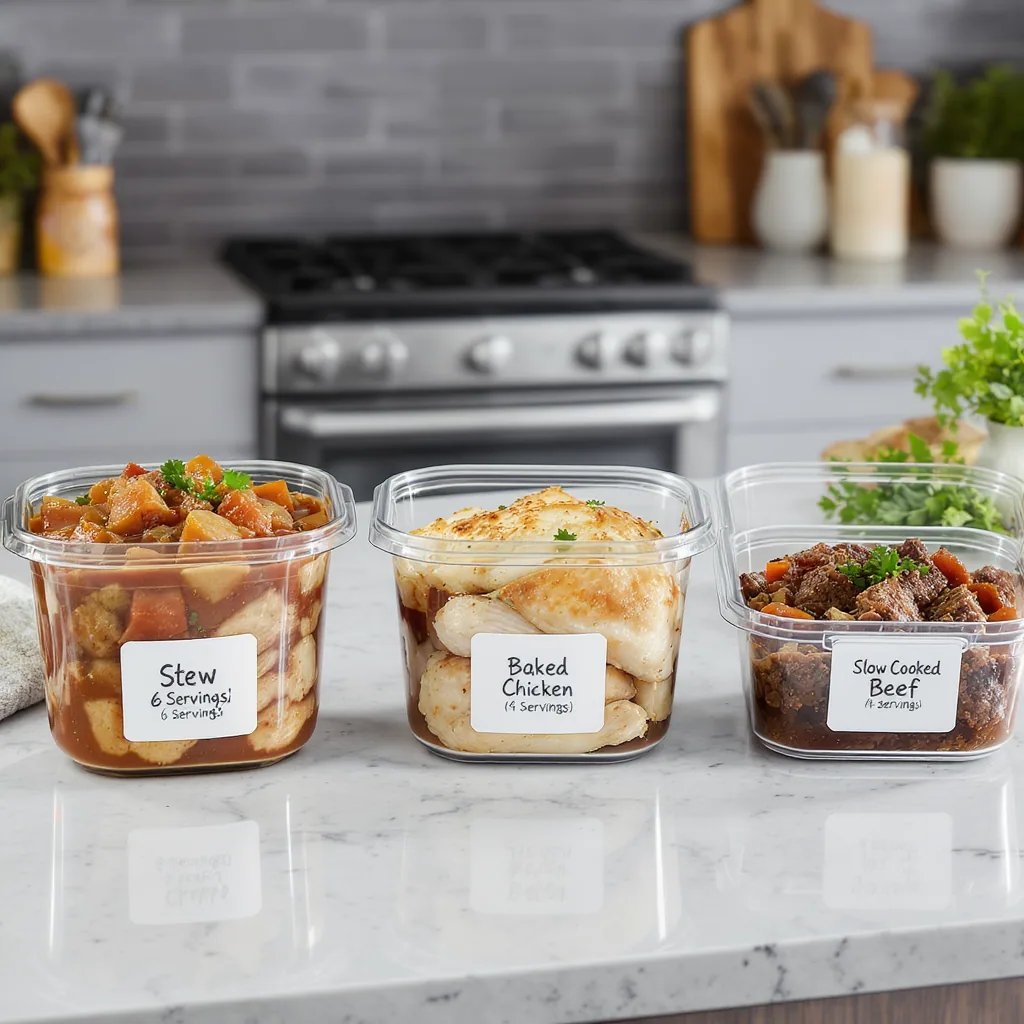 Labeled Containers With Portioned Meals From A Pot Oven Dish