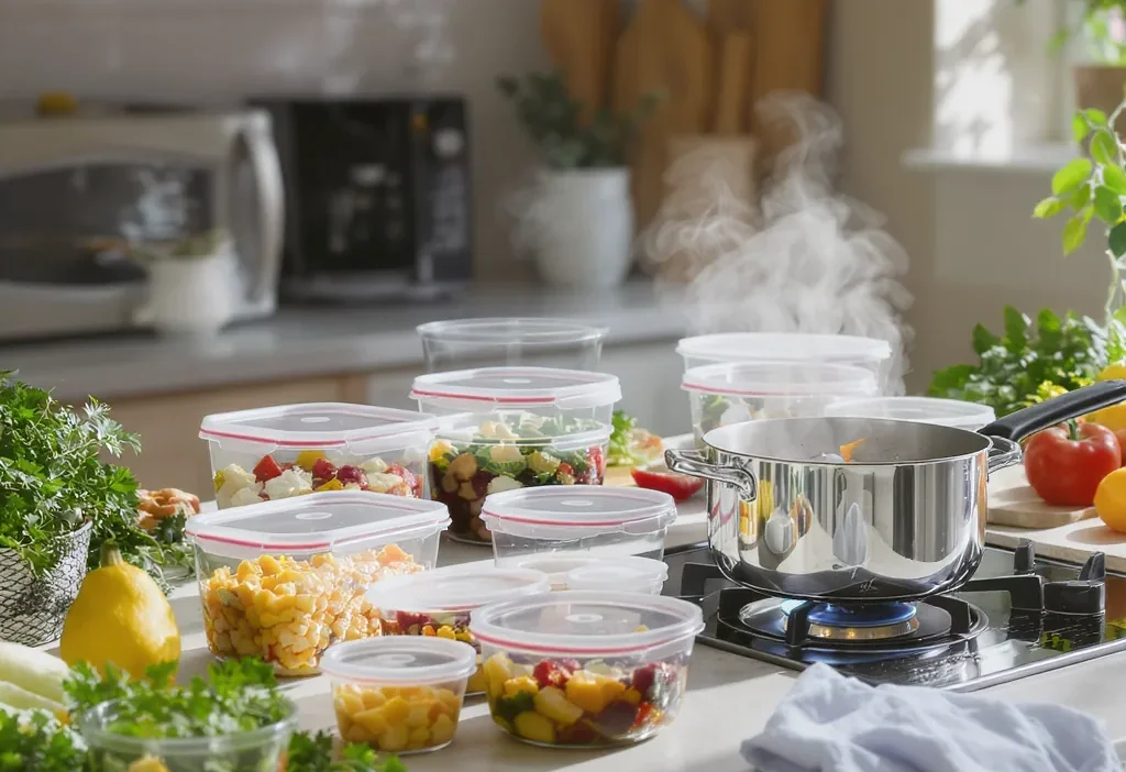 Batch cooking meal prep containers with chicken, rice, and vegetables for efficient reheating