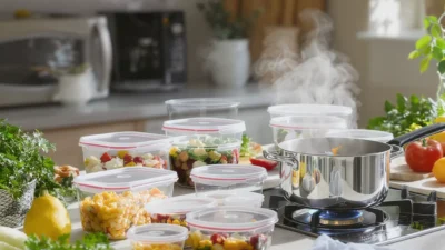 Batch cooking meal prep containers with chicken, rice, and vegetables for efficient reheating