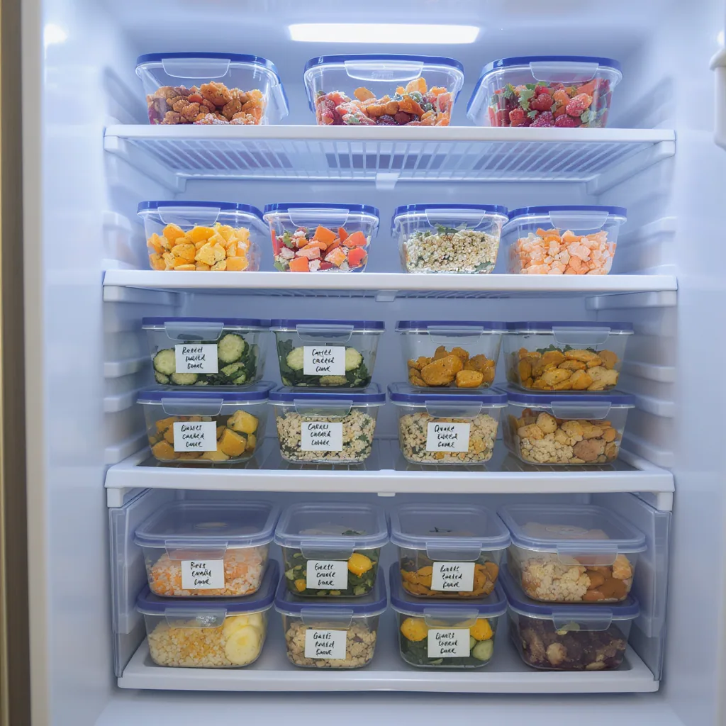 Refrigerator With Labeled Glass Containers Of Pre-cooked Food