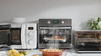 Visual guide showing the best ways to reheat leftovers using a microwave, oven, air fryer, and stovetop.