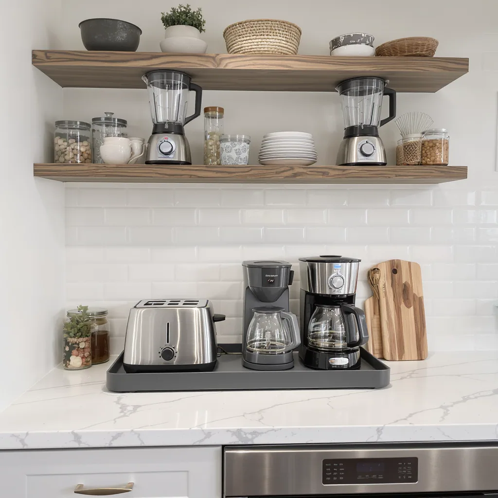 Clean Kitchen Counter With A Toaster And Coffee Maker On