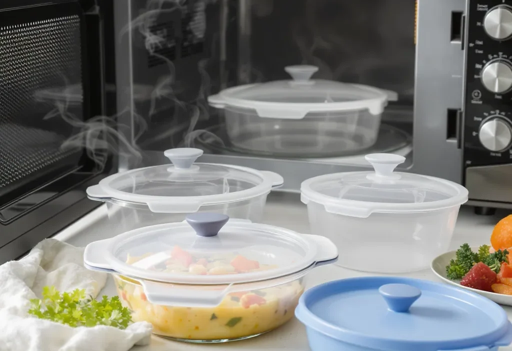 Microwave-safe container with vented lid heating food quickly and safely, preventing splatters.