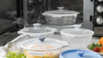 Microwave-safe container with vented lid heating food quickly and safely, preventing splatters.