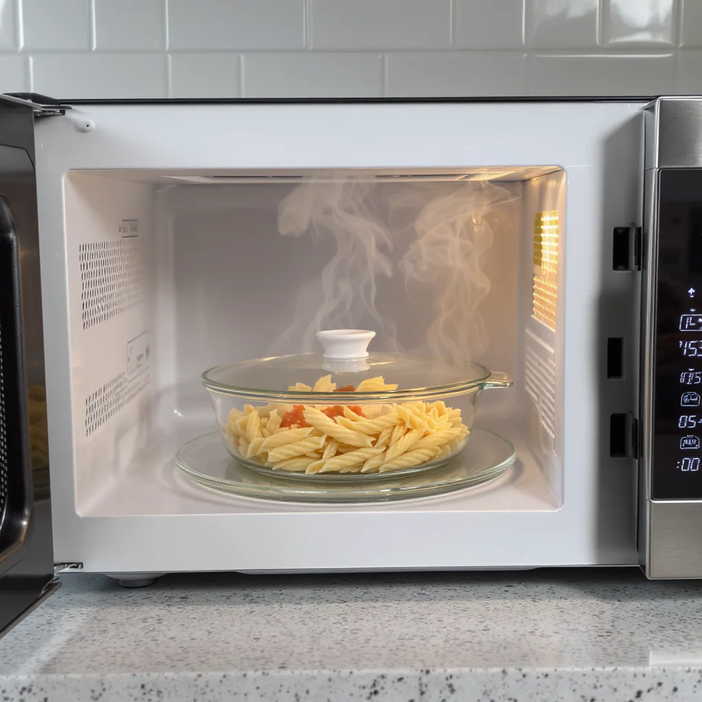 Top-down View Of A Microwave With Pasta In Glass Container