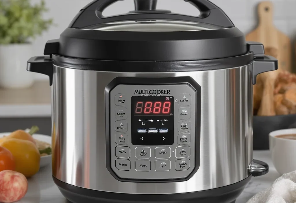 Person using a multi-cooker on the 'keep warm' setting to conserve energy after cooking.