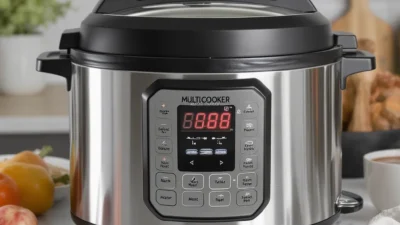 Person using a multi-cooker on the 'keep warm' setting to conserve energy after cooking.