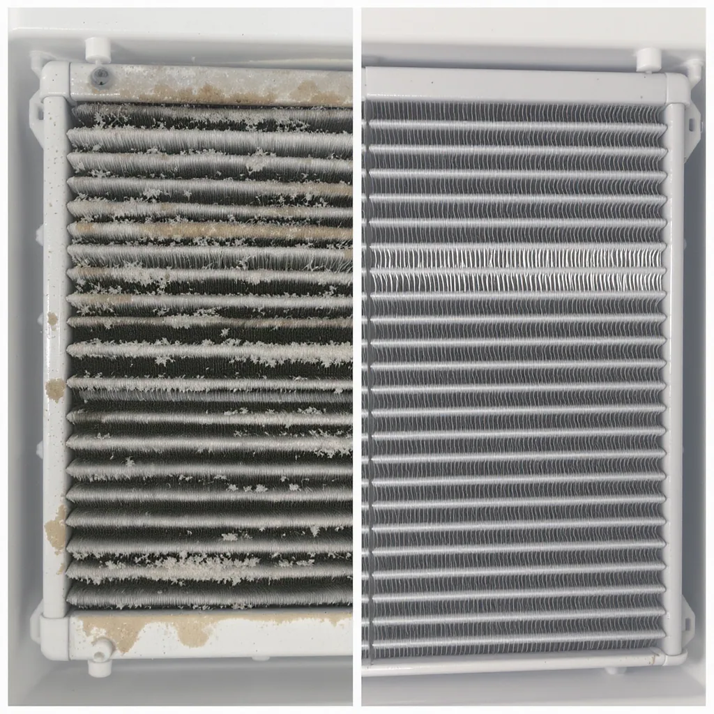 Side-by-side Comparison Of A Dirty And Clean Refrigerator Condenser Coil