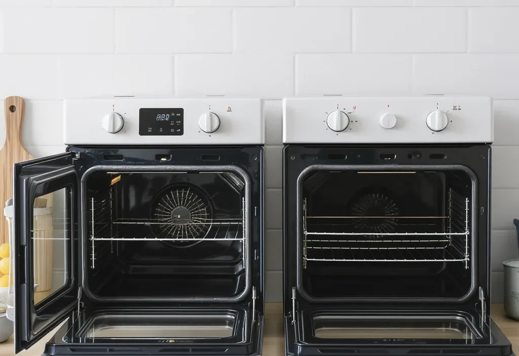 Side-by-side comparison of a convection oven and a conventional oven, showing fan and heating elements.