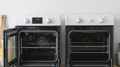 Side-by-side comparison of a convection oven and a conventional oven, showing fan and heating elements.