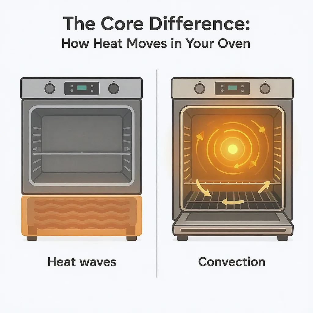 Cross-section Diagrams Comparing Heat Waves In A Conventional Oven To