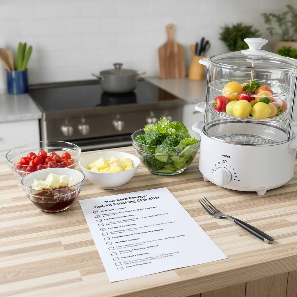 Infographic Checklist For Energy-saving Cooking With Prepped Ingredients And Efficient