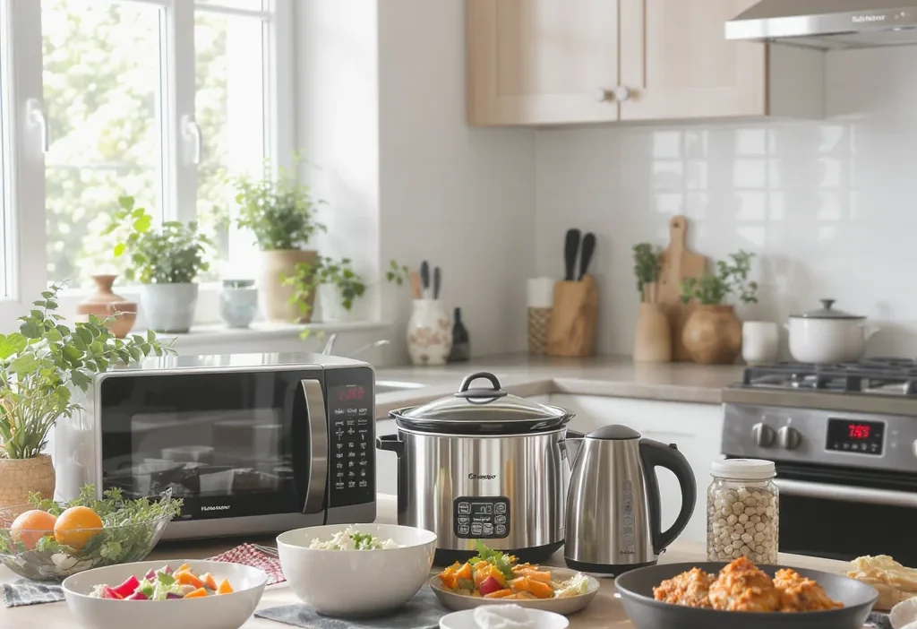 Energy-saving cooking checklist for breakfast, lunch, and dinner meals with efficient appliance icons.