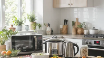 Energy-saving cooking checklist for breakfast, lunch, and dinner meals with efficient appliance icons.