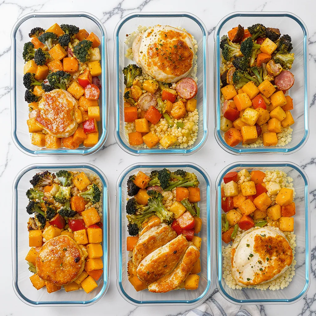 Overhead View Of Neatly Arranged Meal Prep Containers With Roasted