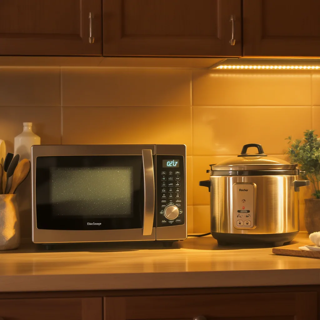 A Warm Kitchen With Glowing Energy-efficient Appliances Like Microwave And