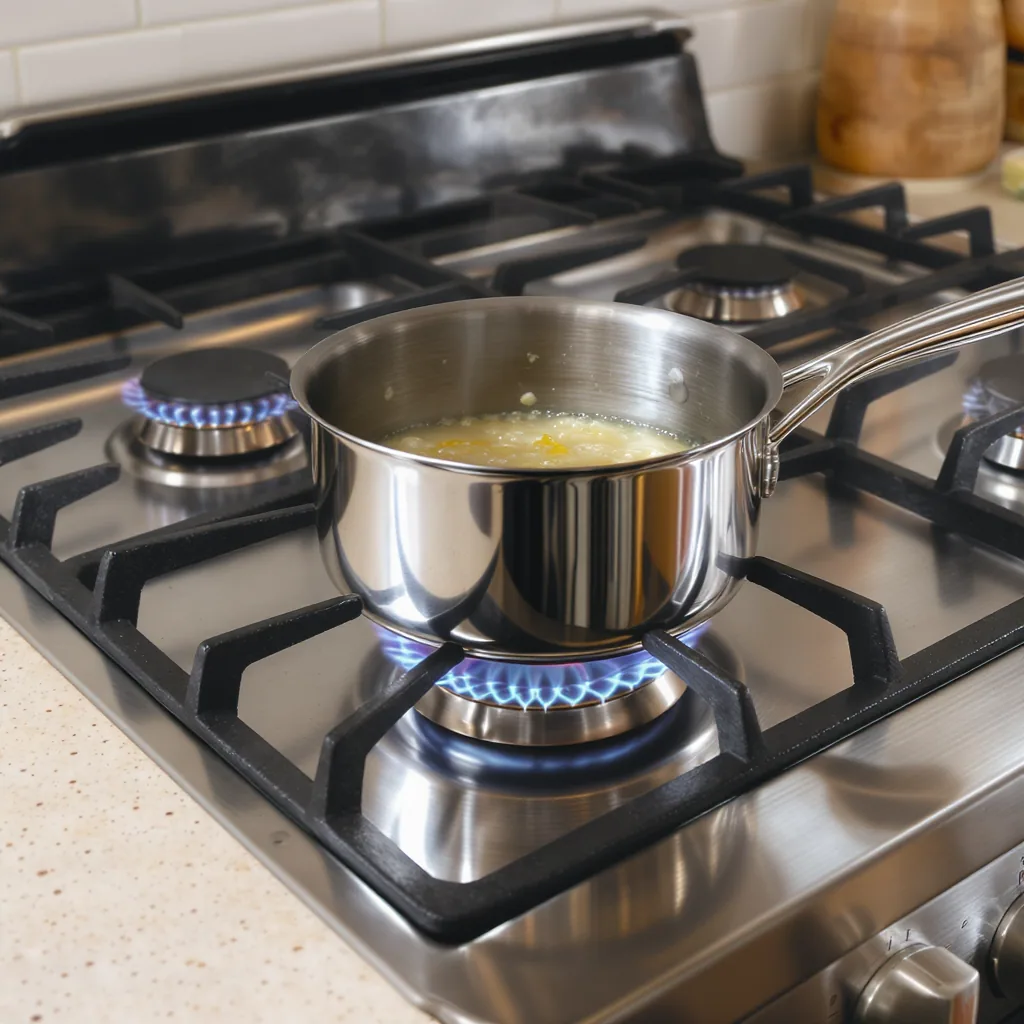 Gas Stovetop With A Blue Flame Under Stainless Steel Saucepan.