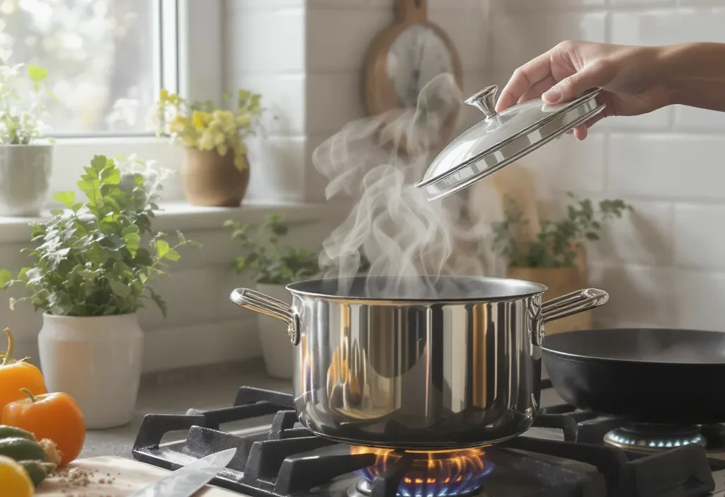 A ceramic Dutch oven with lid on a stove, demonstrating heat retention for energy-efficient cooking.