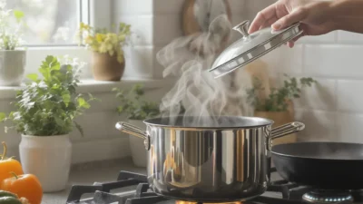 A ceramic Dutch oven with lid on a stove, demonstrating heat retention for energy-efficient cooking.