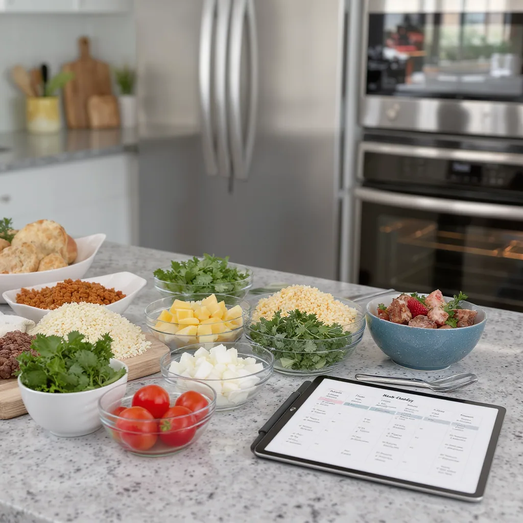 Well-organized Kitchen Counter With Prepped Ingredients In Bowls And A
