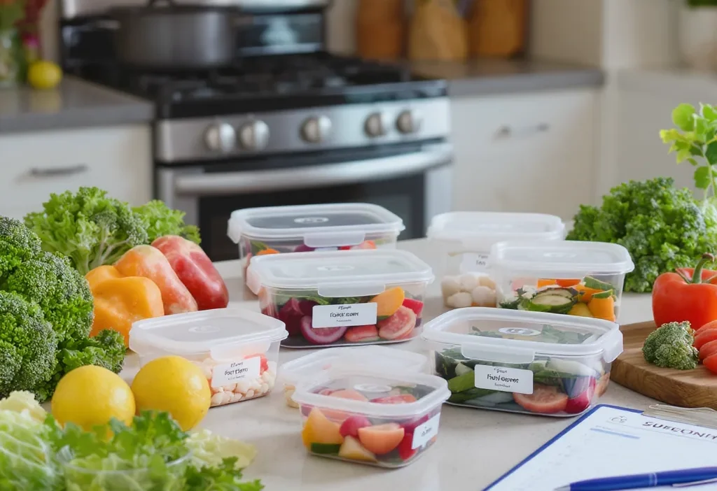 A person using an energy-efficient oven to batch cook multiple meals for weekly meal planning.