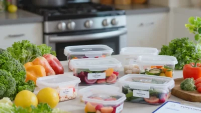 A person using an energy-efficient oven to batch cook multiple meals for weekly meal planning.