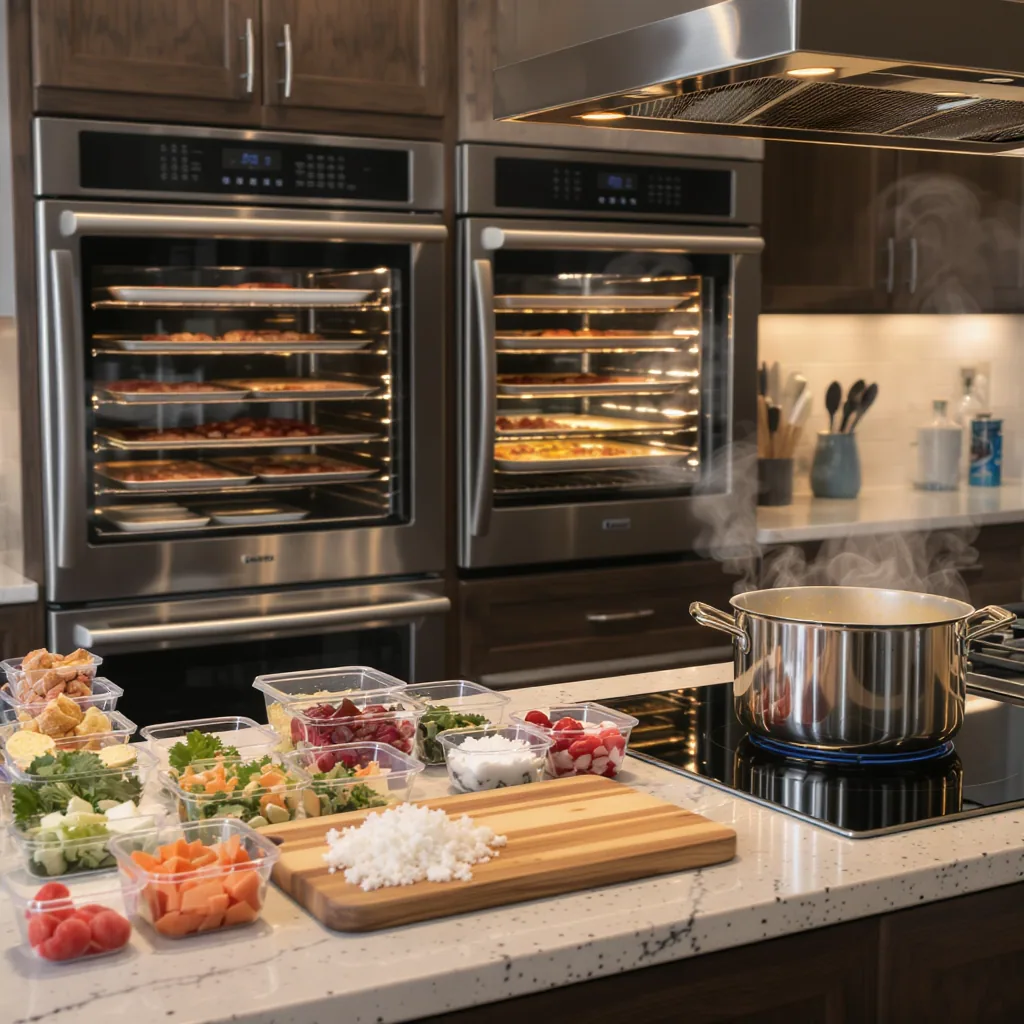 Well-organized Kitchen Counter With Ingredients In Containers A Convection Oven