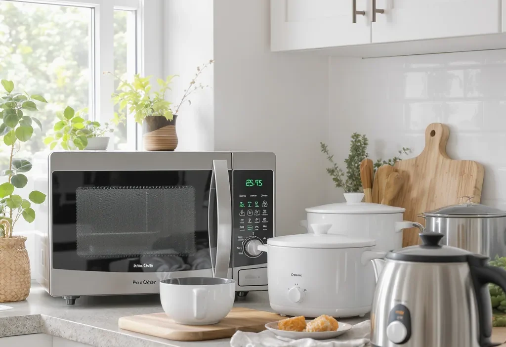 Energy-efficient microwave and small appliances on a kitchen counter for eco-friendly cooking.