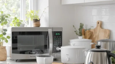 Energy-efficient microwave and small appliances on a kitchen counter for eco-friendly cooking.