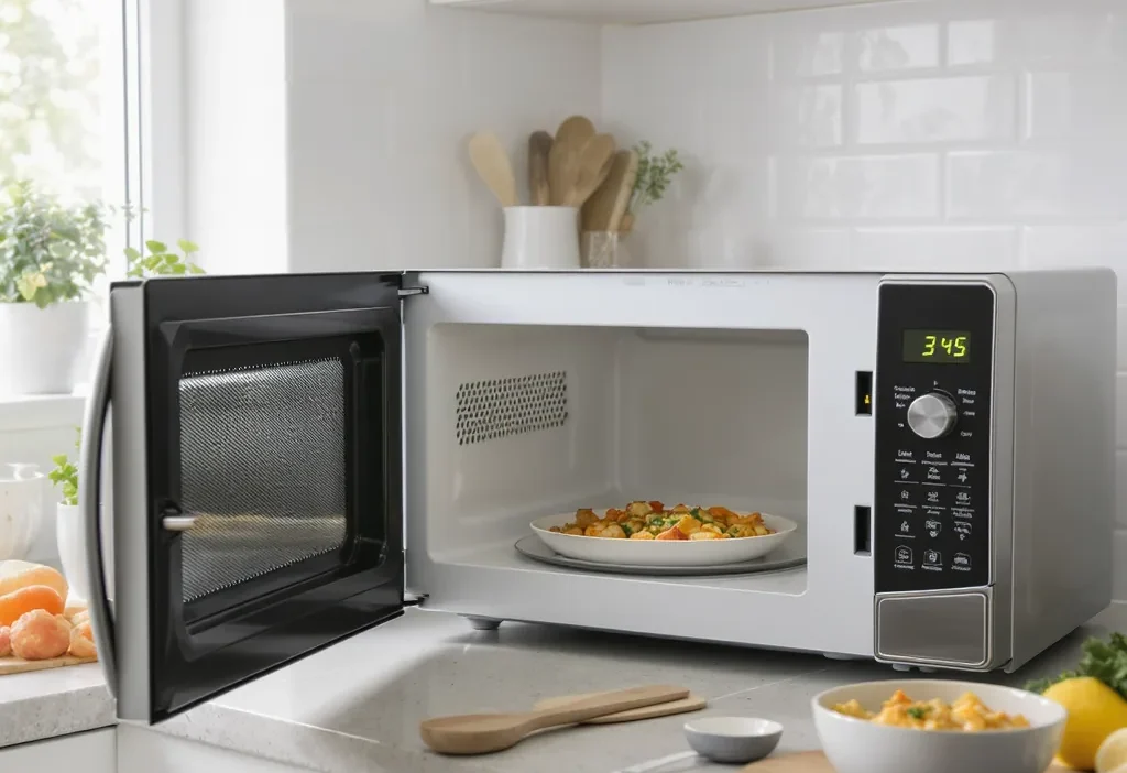 Modern microwave oven with digital timer and steaming bowl of vegetables, demonstrating efficient cooking.