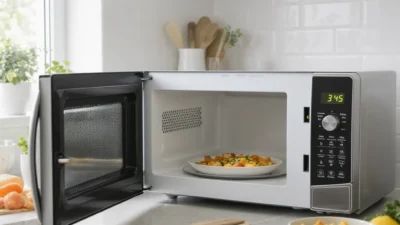 Modern microwave oven with digital timer and steaming bowl of vegetables, demonstrating efficient cooking.