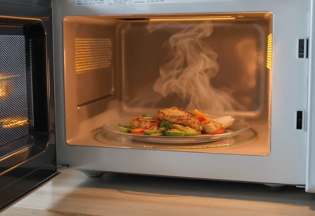 A microwave oven with a timer and a steaming bowl of food, illustrating cooking times and energy efficiency.