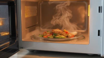 A microwave oven with a timer and a steaming bowl of food, illustrating cooking times and energy efficiency.