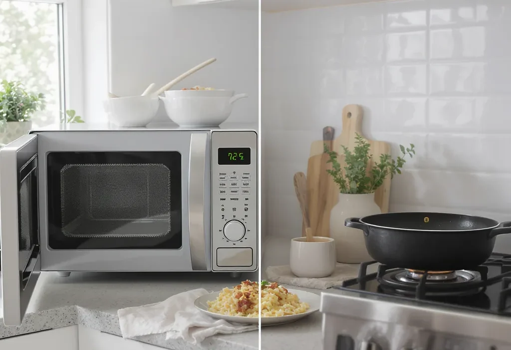 Comparison of microwave and stovetop for reheating food to save energy.
