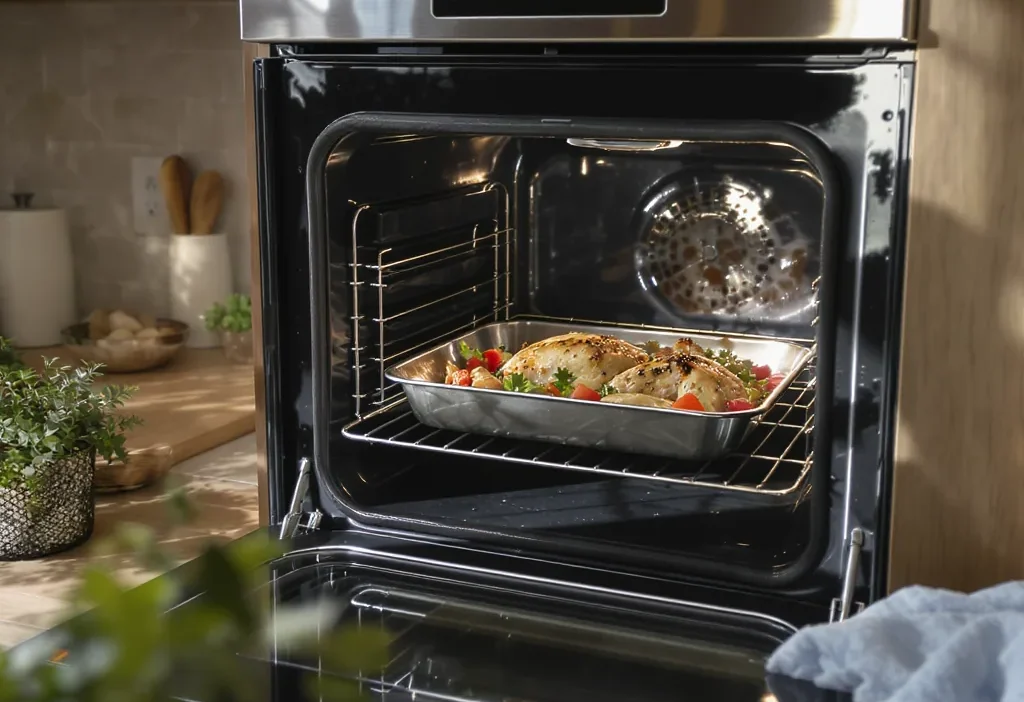 Modern oven with digital display showing baking and roasting settings for energy-efficient cooking