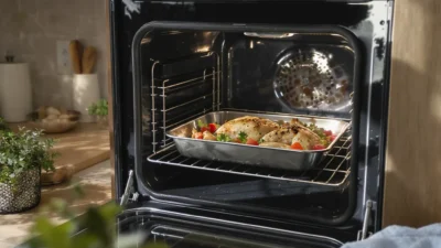 Modern oven with digital display showing baking and roasting settings for energy-efficient cooking