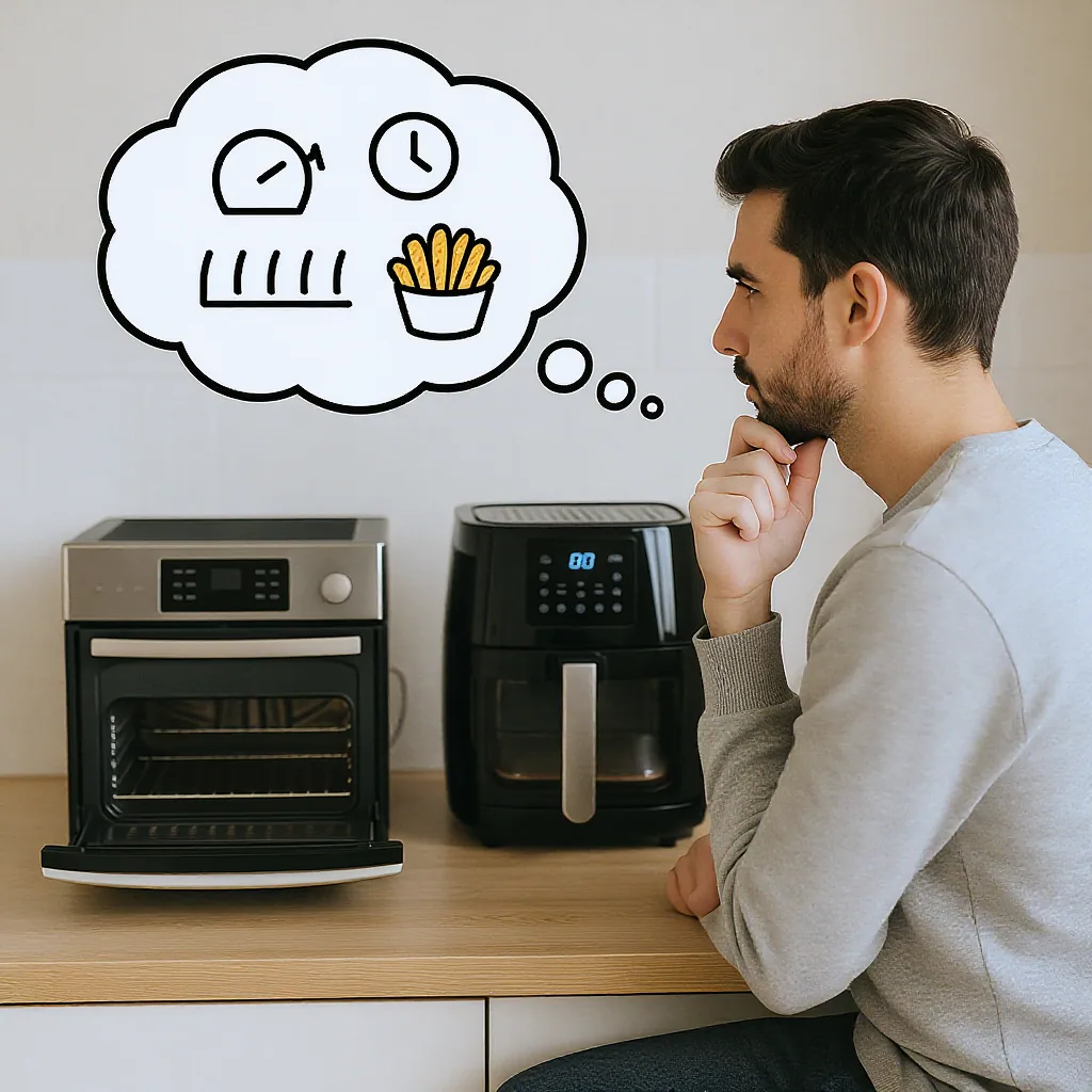 Person Deciding Between An Oven Air Fryer And Microwave
