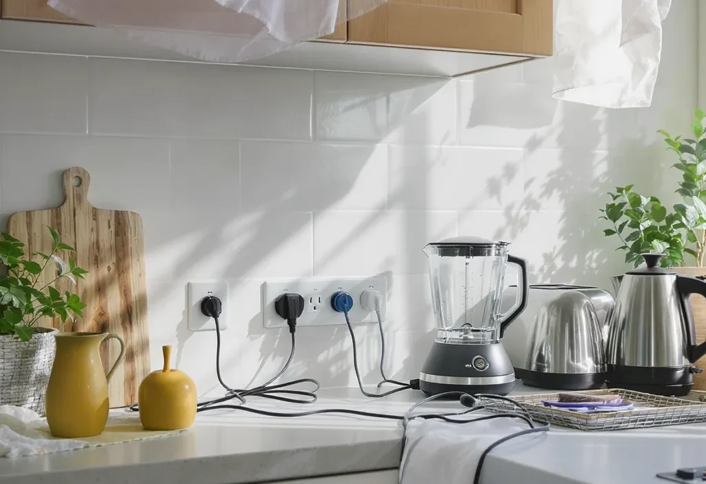 A toaster and blender side by side, one plugged into an outlet and one unplugged, illustrating energy habits.